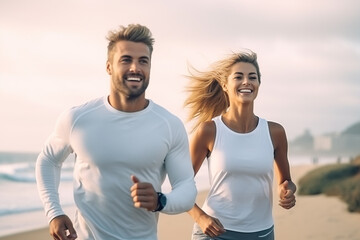 Cheerful European lady and man enjoying active lifestyle and training on ocean beach, having break and posing . Generative AI