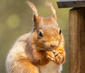 Adorable red scottish squirrel perched on a tree branch, eating a freshly-gathered nut in its hands