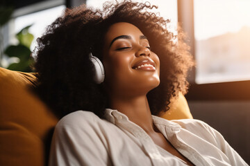 Happy afro american woman relaxing on the sofa at home. Generative AI