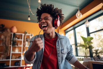 Happy funny gen z hipster African American teen guy wearing headphones dancing at home, listening...