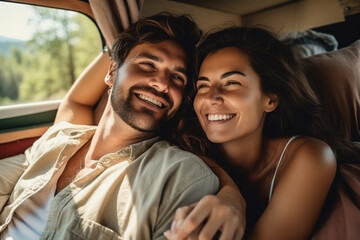 Happy young couple lying together in a van, enjoying vacation time together . Generative AI