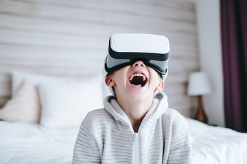 Kid interact using virtual reality headset to interact with the imaginary world. Caucasian boy child sitting on bed at home wearing VR glasses playing video games.  Generative AI