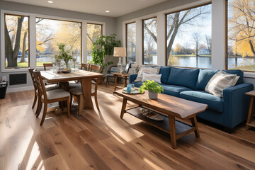 Fototapeta premium Modern living room professionally designed. open concept. Minimalist. Generative AI
