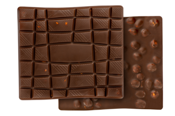 Whole bar of dark chocolate with flattering nuts isolated on white background. Mockup of a square chocolate bar divided into small rectangles. Top and bottom view, close-up.