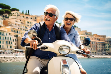 Naklejka premium Retired couple on scooter in Italy, Europe, happy seniors on holidays. Generative AI