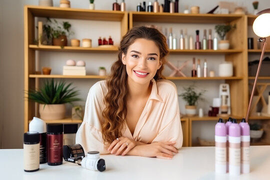 Positive female beauty blogger filming review of new cosmetics. Generative AI