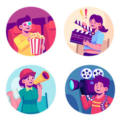 Cinema set of isolated ticket office seats people popcorn ticketing app icons