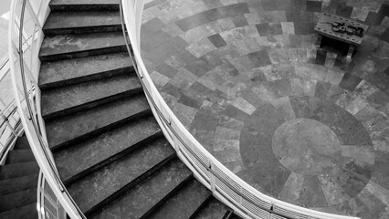 Grayscale of a a set of spiral staircases