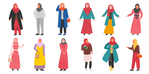 Set of arabic woman in hijab vector flat illustration