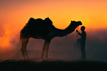 a camel that is walking in the sand at sunset, with a person standing by
