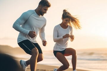 Fototapeta premium Young lady and man in sportswear doing stretching. Generative AI