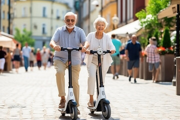A couple of pensioners on an electric scooter ride. Generative AI