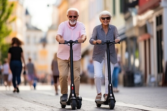 A couple of pensioners on an electric scooter ride. Generative AI - Powered by Adobe