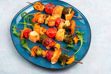 Seafood skewers with vegetable.
