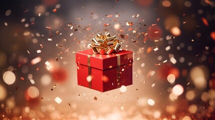 gift box with golden confetti. Abstract luxury red background. Generative AI.