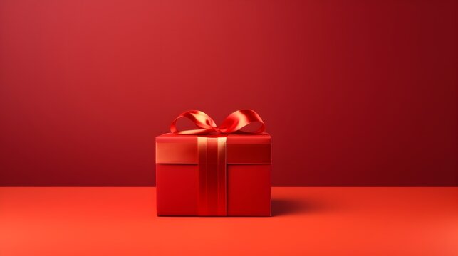 gift box minimal red background. Copy space. Generative AI.