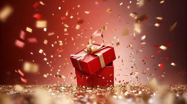 opened gift box with golden confetti. Abstract luxury red background. Generative AI.