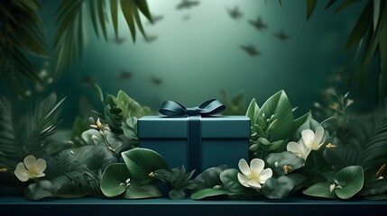 gift box minimal green background with plants and flowers. Generative AI.