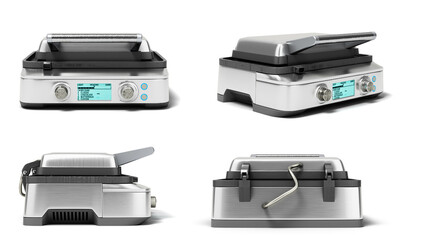 Set of new closed metal waffle makers 3d render on white