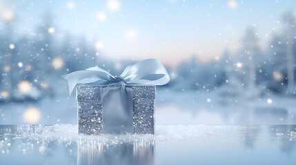 present gift box on the snow, winter background. Generative AI.