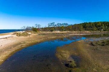 Aerial shot over West Neck Beach on Long Island in the suburb of Lloyd Harbor New York on sunny day