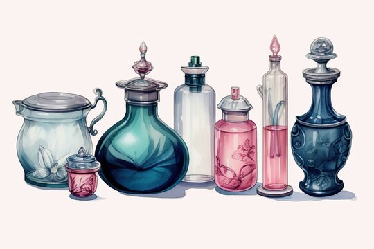 illustration of various colored bachelite bottles and cosmetic containers, generative ai