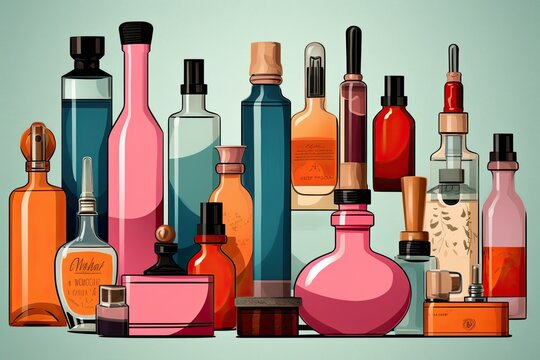 illustration of various colored bachelite bottles and cosmetic containers, generative ai