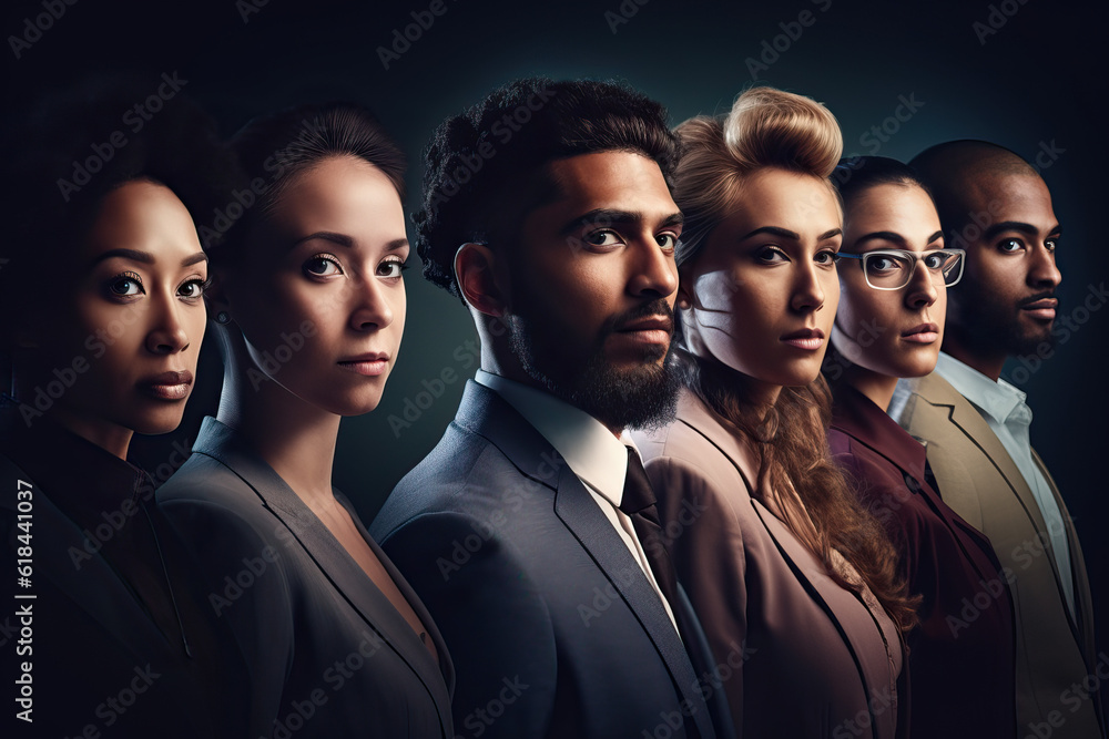 Poster a captivating collection of portraits displaying the unity and accomplishments of diverse business i