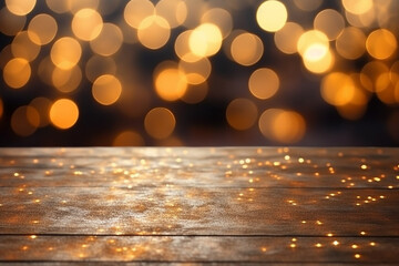 Festive background. An empty wooden table surface and garlands or lights of a night city in the background. Generative AI. - 618441202