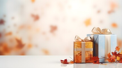 present gift box. Autumn background. Copy space. Generative AI.