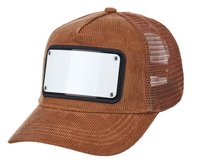 Brown velour cap with a visor, with a white metal plate in front and a ventilated mesh at the back, isolated on a white background. - 618441249