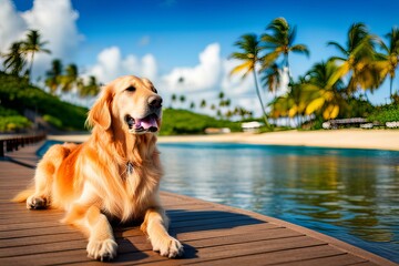 Happy Golden retriever puppy on sand beach Concept for summer adventures.