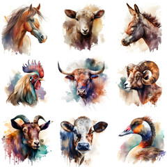 Farm animal set painted with watercolors on a white background in a realistic manner, multicolored and iridescent.