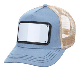 Cotton cap in light-blue colors, with a visor, with a white metal plate in front and a beige ventilated mesh at the back, isolated on a white background. - 618442401