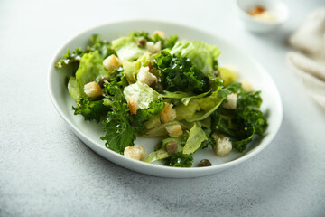 Healthy leaf salad with bread croutons