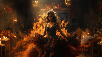  Flamenco Dance Fiery Passion. A stunning Spanish woman gracefully dances flamenco, with burning flames in the background. Expression of passion and artistry concept. AI Generative