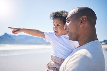 Travel, vacation and father with his baby on the beach while on a tropical family weekend trip....