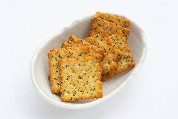 Seaweed crackers on white background.