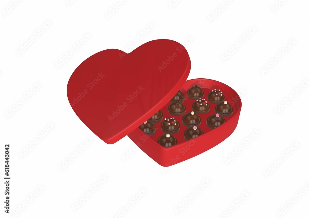 Poster 3d rendering of a red heart-shaped box filled with chocolates on a white background