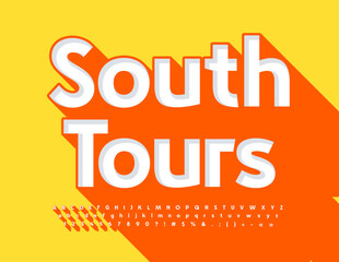 Vector sunny Poster South Tours. Stylish 3D Font with Big Orange Shadow. Creative Alphabet Letters, Numbers and Symbols