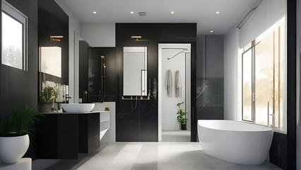 Fototapeta na wymiar Modern bathroom interior with wooden decor in eco style.interior design. AI Generative.