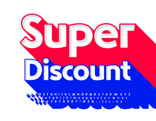 Vector colorful promo Super Discount. Bright 3D Font with Big Blue Shadow. Trendy Alphabet letters and Numbers set