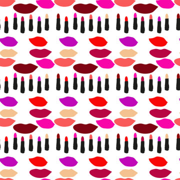 Colorful listick and lips pattern. Seamless repeated multicolor texture background - vector. For packing, fabric, bags print, textile, wrapping, cloth print