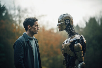Human and Robot Facing Each Other Artificial Intelligence Uncertainty Concern Generative AI