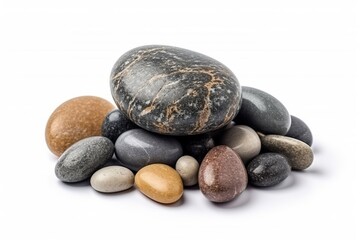 Close-up of a pile of pebbles on a white background. Generative AI.