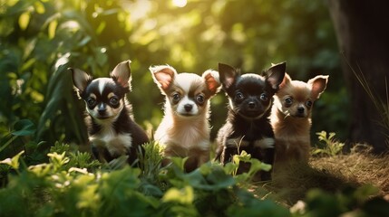 AI generated illustration of three small Chihuahua dogs standing on a large rock in a grassy meadow