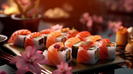 AI generated illustration of a selection of colorful sushi rolls, garnished with pink flowers