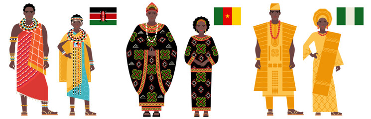 flags and national costumes of African countries isolated on a white background. a girl and a young man in traditional clothes of Kenya, Cameroon and Nigeria. flat drawing. vector illustration. EPS 10
