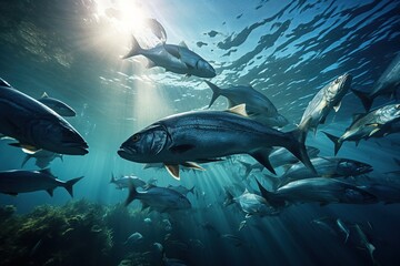 School Of Fish in blue ocean. Generative AI