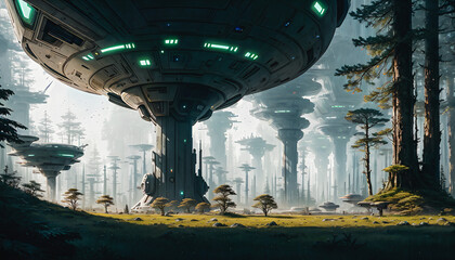 Star constructions in the middle of a forest on an unknown planet. Colorful lights, trees.